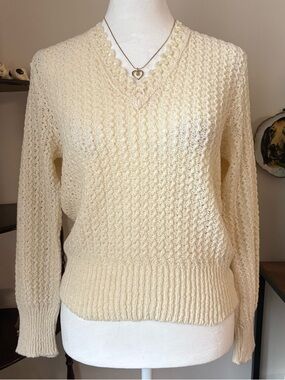 Vintage cream sweater with V neck and open knit design